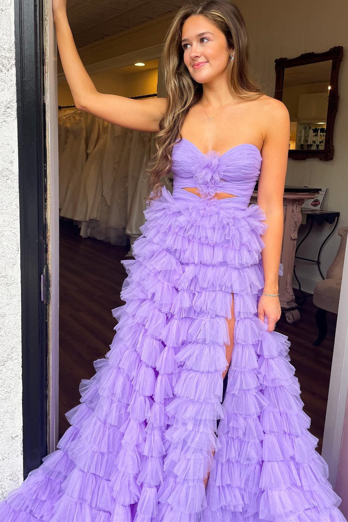 Lavender Strapless Keyhole Ruffle Tiered Long Prom Dress