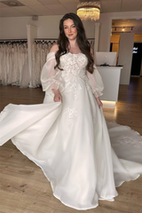 White Off-the-Shoulder Illusion Sleeves Appliques Chiffon Long Wedding Dress