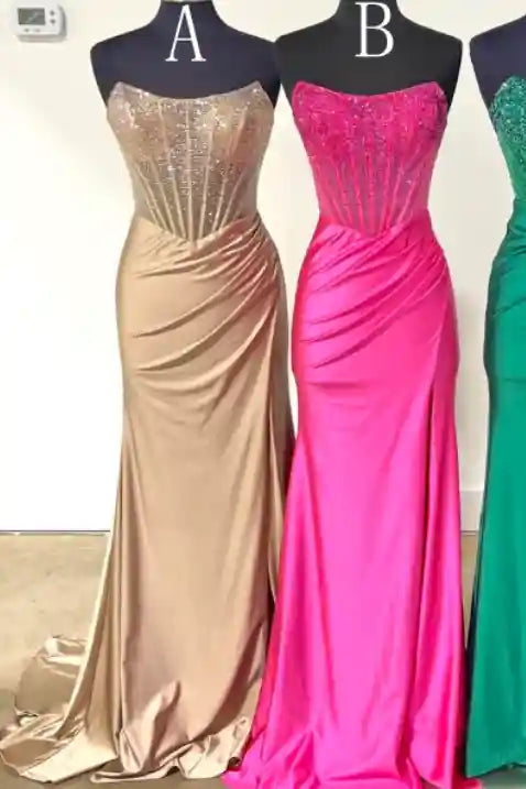 Sparkle Diamond Strapless Satin Formal Dress with Slit