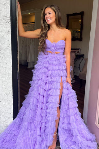 Lavender Strapless Keyhole Ruffle Tiered Long Prom Dress
