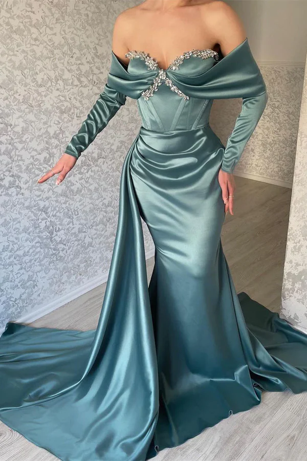 Long Sleeves Sweetheart Mermaid Prom Dress with Rhinestone Ruffles