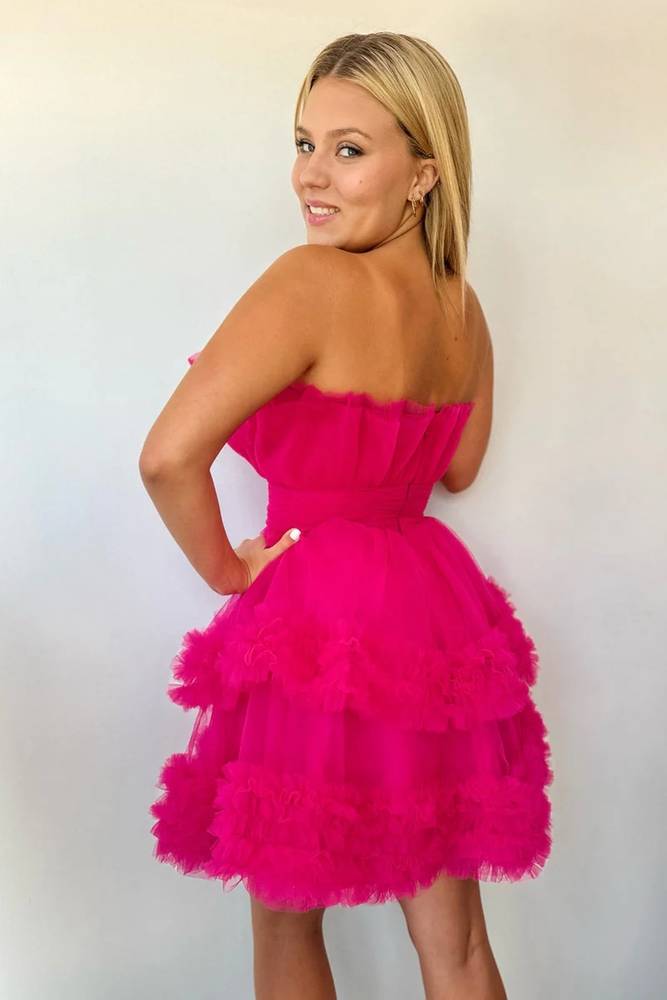 Fuchsia Strapless Tiered A-Line Tulle Homecoming Dress