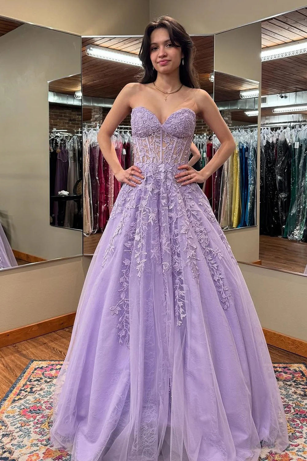 Lilac Sweetheart A-Line Long Corset Prom Dress with Lace Appliques