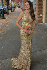 Gold Sequin V-Neck Backless Mermaid Long Formal Dress