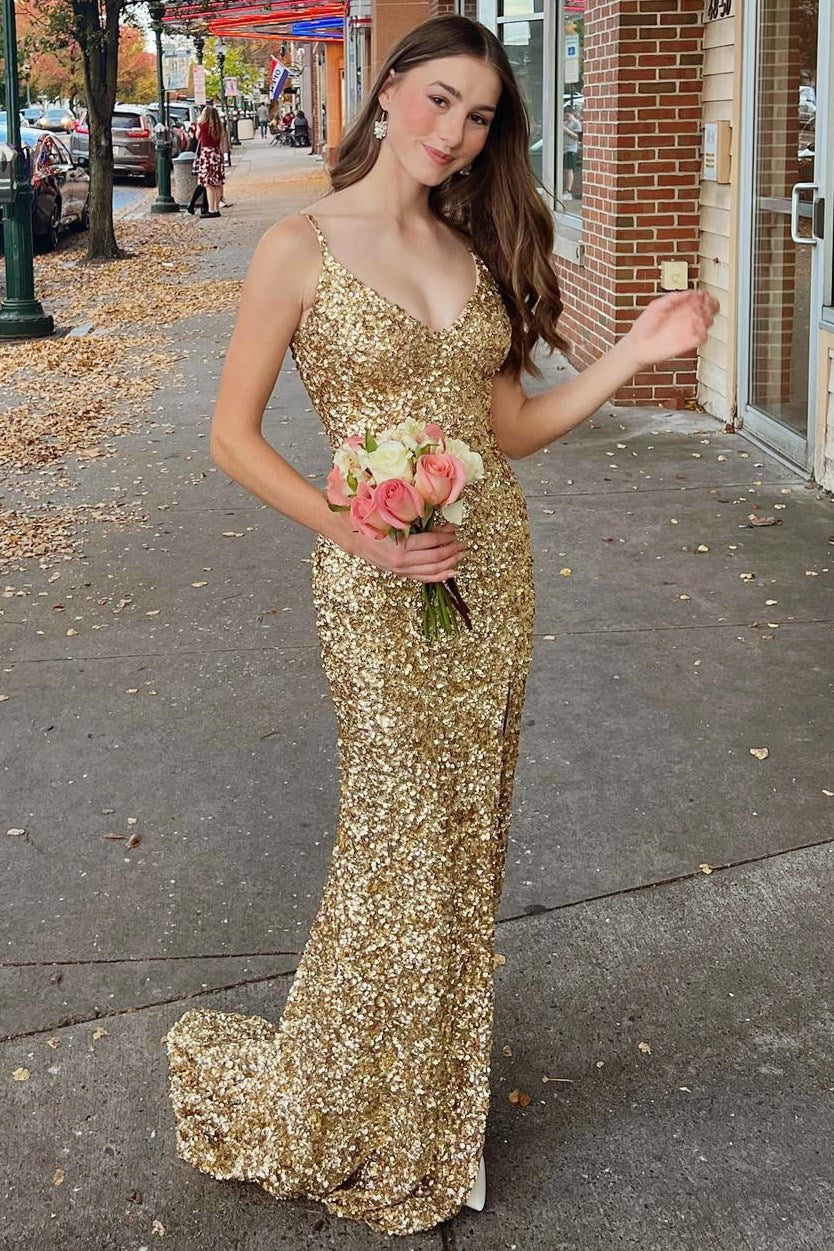 Gold Sequin V-Neck Backless Mermaid Long Formal Dress