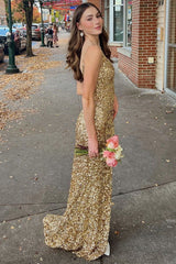 Gold Sequin V-Neck Backless Mermaid Long Formal Dress