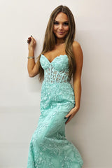 Red Floral Appliques Strapless Mermaid Long Formal Dress