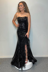 Mermaid Strapless Sequins Long Prom Gown with Feathers on Slit