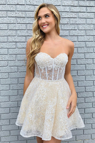 Ivory Strapless Appliques Homecoming Dress with Detachable Sleeves