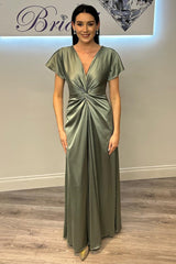 Sage Twist-Front A-Line Formal Gown with Short Sleeves