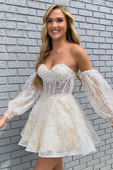 Ivory Strapless Appliques Homecoming Dress with Detachable Sleeves