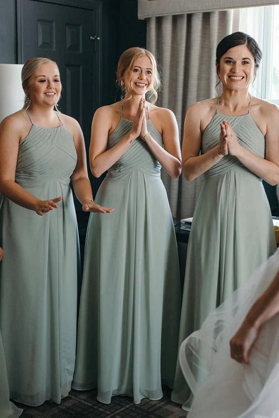 Sage Green Halter Pleated Corset Chiffon Long Bridesmaid Dress