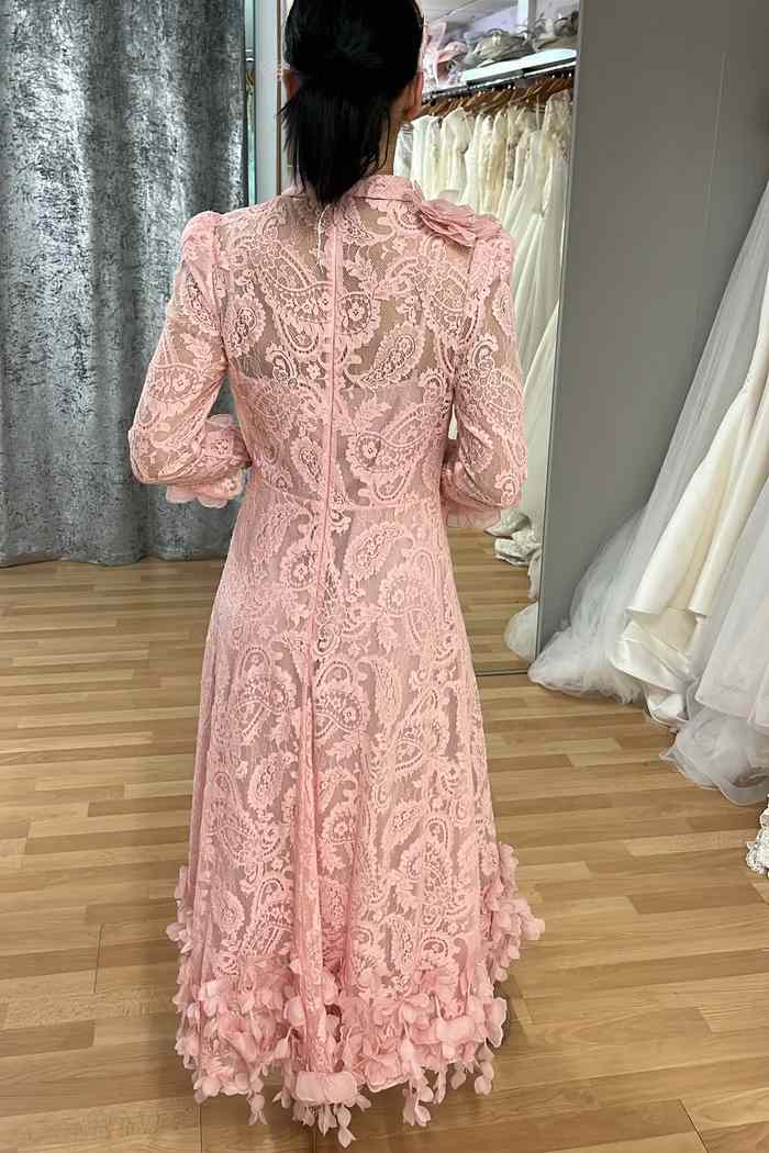 Pink Lace Long Sleeves Mother of the Bride Dress with Applique