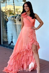 Coral One Shoulder Corset Prom Dress with Slit
