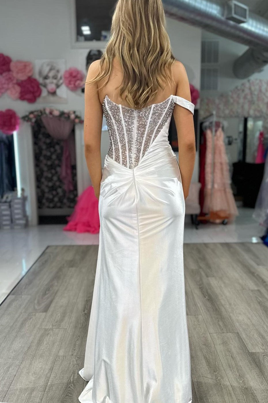 Asymmetrical White Beaded Long Formal Dress with Attached Train