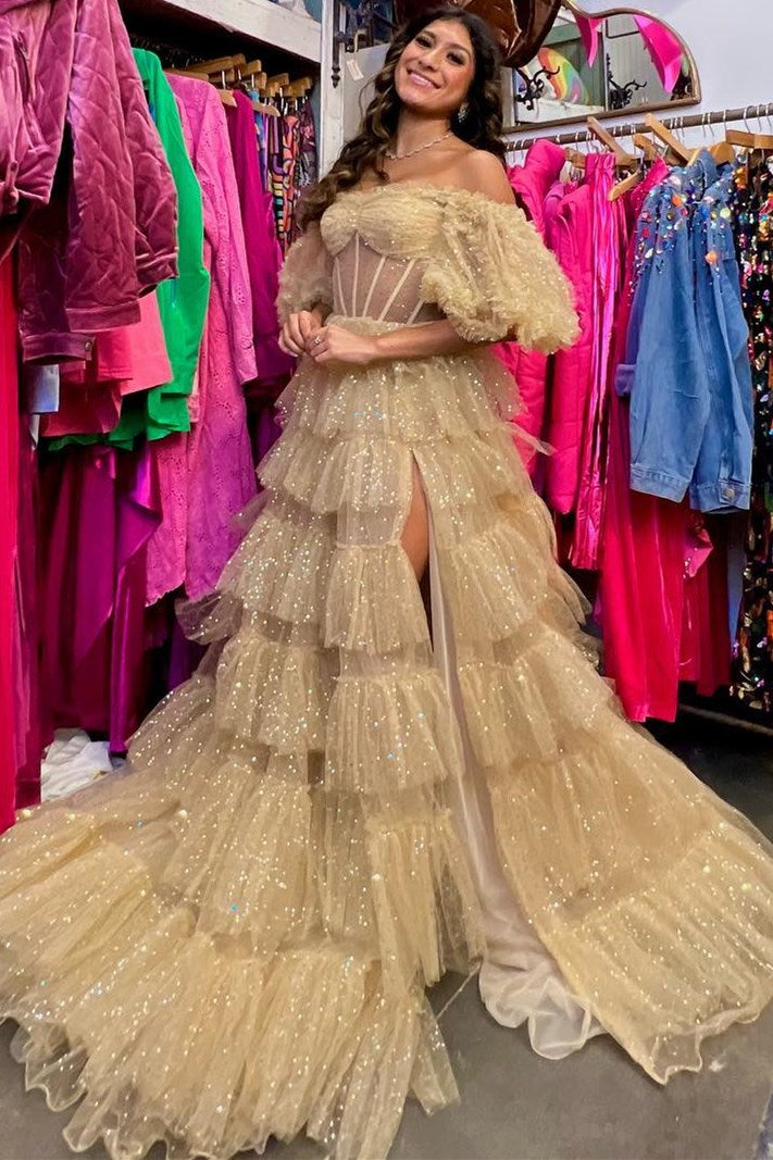 Gold Tulle Sequin Puff Sleeve Ruffle Tiered Long Gown