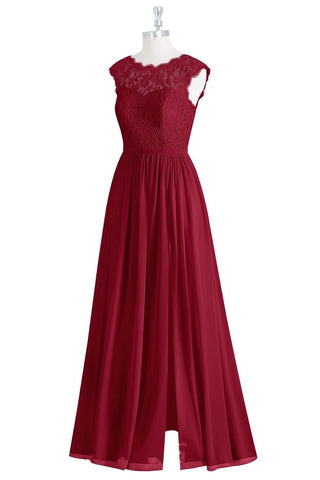 Burgundy Illusion Neck Lace Top Long Bridesmaid Dress with Slit