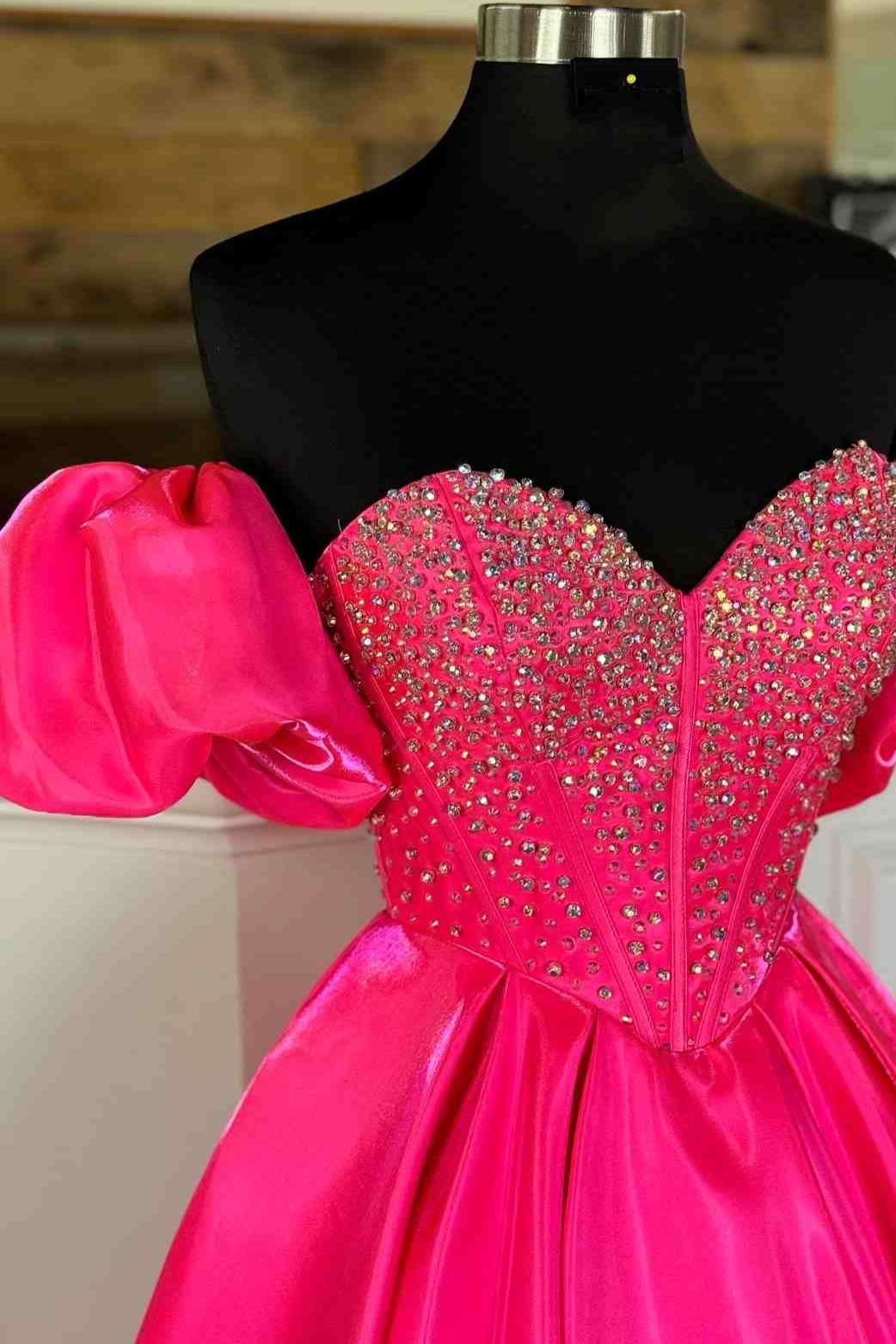 Fuchsia A-Line Sweetheart Rhinestone Prom Dress with Detachable Sleeves