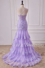 Glitter Lavender One-Shoulder Mermaid Ruffle Long Gown with Slit