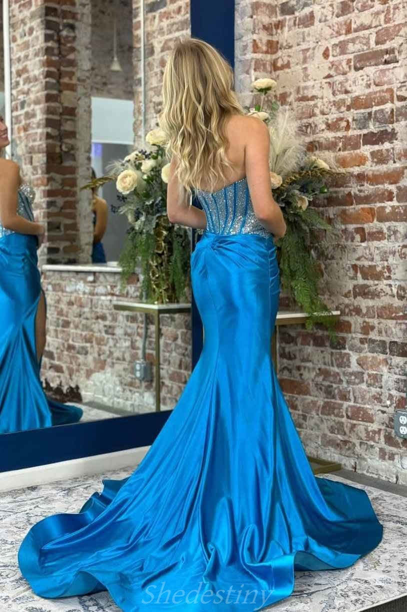 Strapless Shining Rhinestone  Mermaid Blue Slit Prom Dress