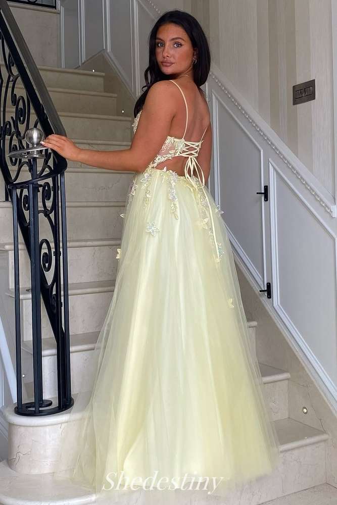 A-Line Yellow Applique Spaghetti Straps Slit Tulle Prom Dress