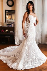 Whit Appliques Sweetheart Trumpet Long Wedding Dress