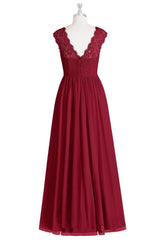 Burgundy Illusion Neck Lace Top Long Bridesmaid Dress with Slit