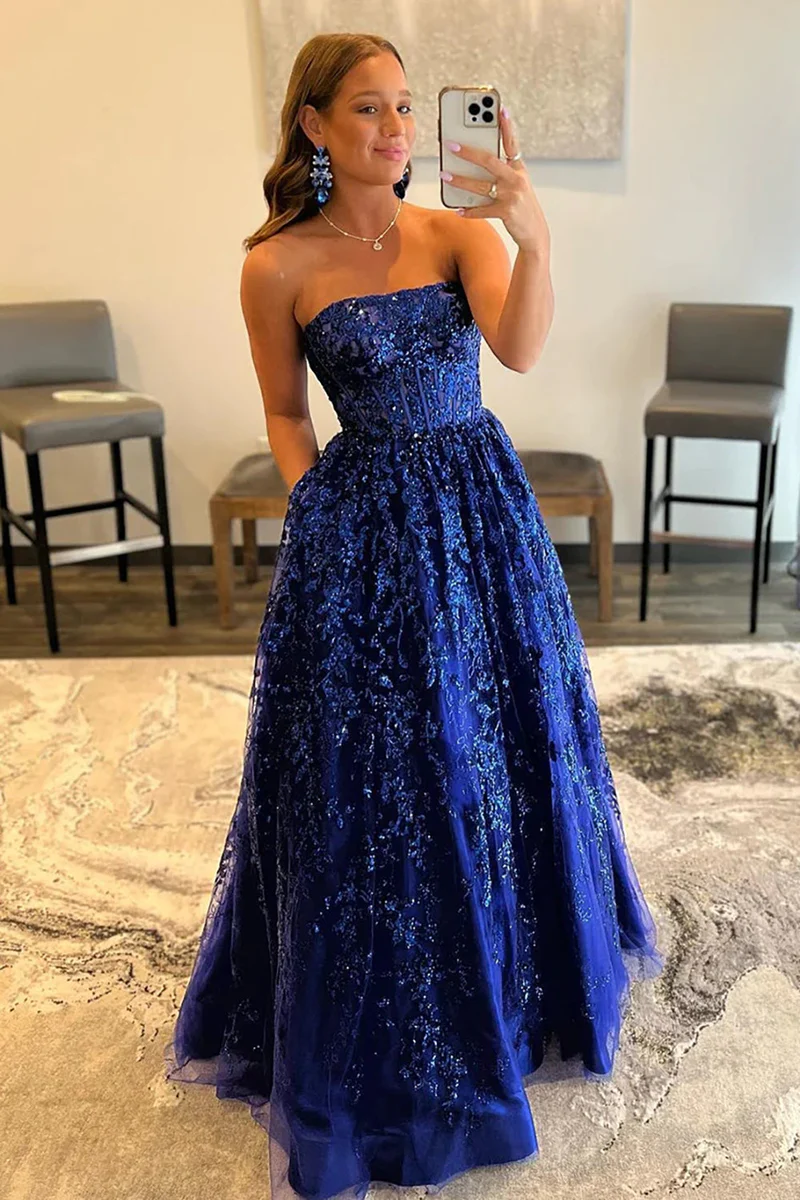 Royal Blue Applique Strapless A-Line Prom Dress with Sequins