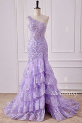 Glitter Lavender One-Shoulder Mermaid Ruffle Long Gown with Slit