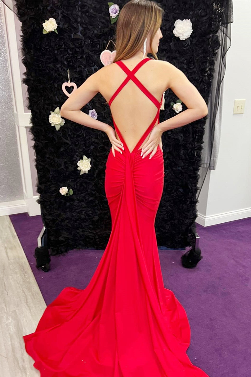 Fuchsia Cross Back Mermaid Long Gown with Attached Train