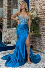 Shining Rhinestone Strapless Mermaid Blue Slit Prom Dress