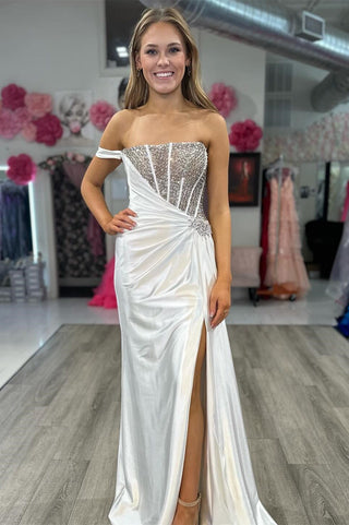 Asymmetrical White Beaded Long Formal Dress with Attached Train