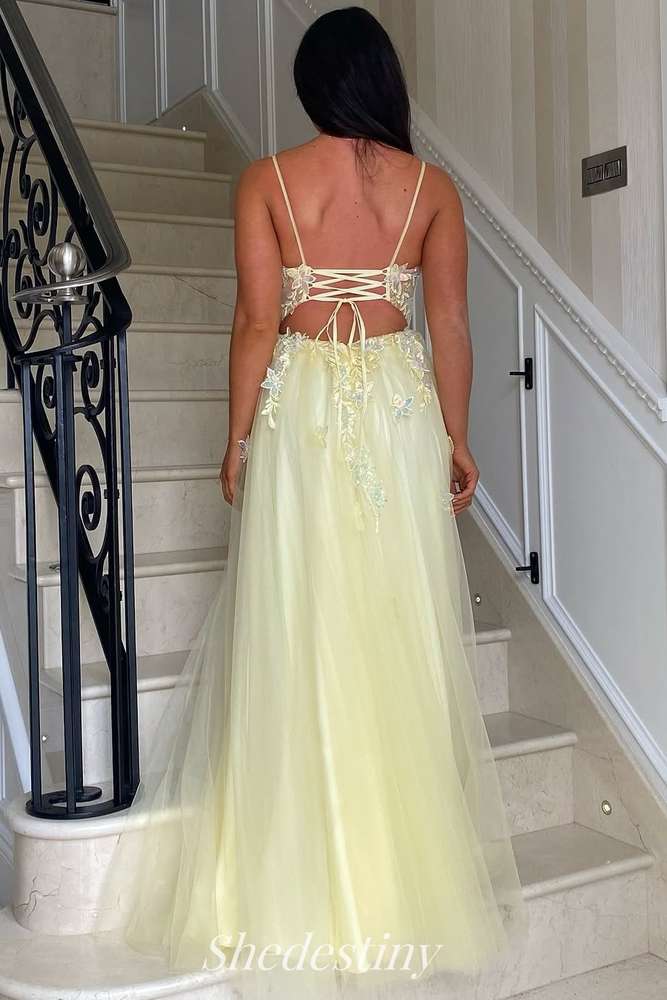 Yellow Applique Spaghetti Straps Slit Tulle Prom Dress