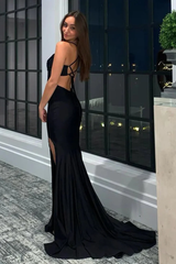 Lace-up Balck Mermaid Halter Long Evening Dress with Slit 