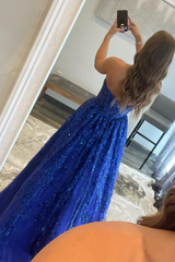 Royal Blue Sequins Applique Strapless A-Line Prom Dress