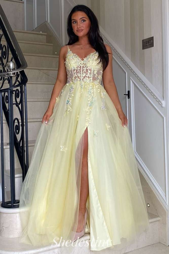A-Line Yellow Applique Spaghetti Straps Slit Prom Dress