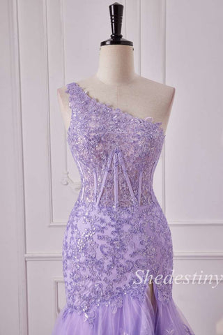 Glitter Lavender One-Shoulder Mermaid Ruffle Long Gown with Slit