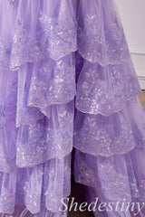 Glitter Lavender One-Shoulder Mermaid Ruffle Long Gown with Slit