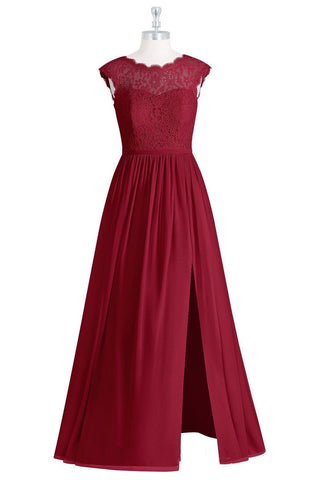 Burgundy Illusion Neck Lace Top Long Bridesmaid Dress with Slit