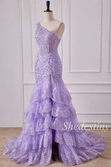 Glitter Lavender One-Shoulder Mermaid Ruffle Long Gown with Slit