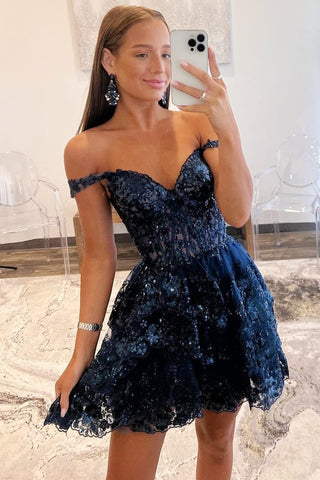 Black Sequin-Embroidery Sweetheart Tiered A-Line Homecoming Dress