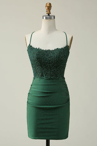Tailliertes Hotfix-Kleid mit Applikationen in Jägergrün und überkreuztem Rücken