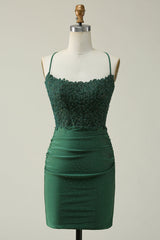 Hunter Green Appliques Cross-Back Fitted Hotfix Dress