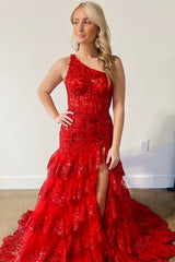 Red Tulle Sequin-Embroidery One-Shoulder Tiered Long Prom Dress with Slit