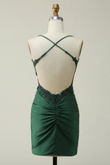 Hunter Green Appliques Cross-Back Fitted Hotfix Dress