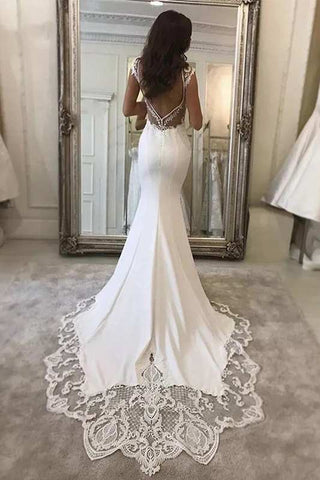 Elegant Trumpet Chapel Train Lace Satin Wedding Dress with Backless