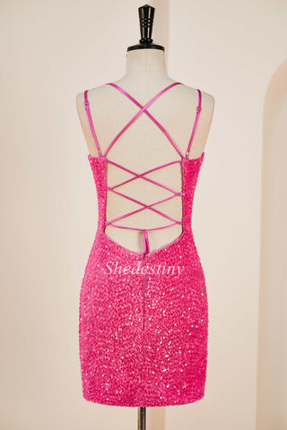 Hot Pink Sequin Lace-Up Short Cocktail Dress