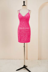 Hot Pink Sequin Lace-Up Short Cocktail Dress