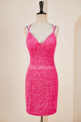 Hot Pink Sequin Lace-Up Short Cocktail Dress