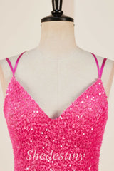 Hot Pink Sequin Lace-Up Short Cocktail Dress